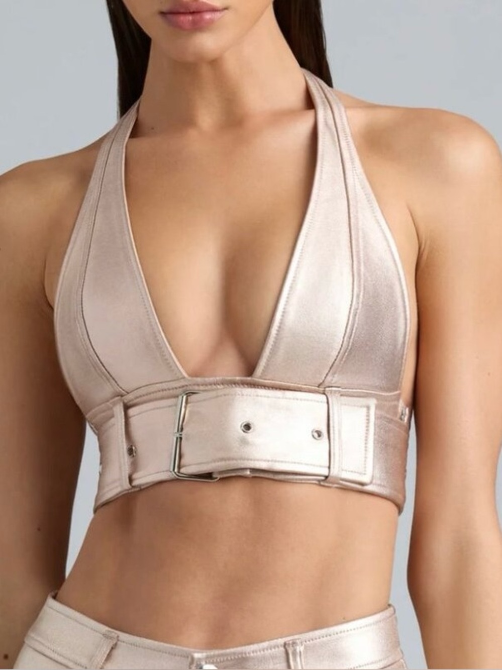 Oh Polly Metallic Denim Belted Crop Top ‘Champagne’ Size 4